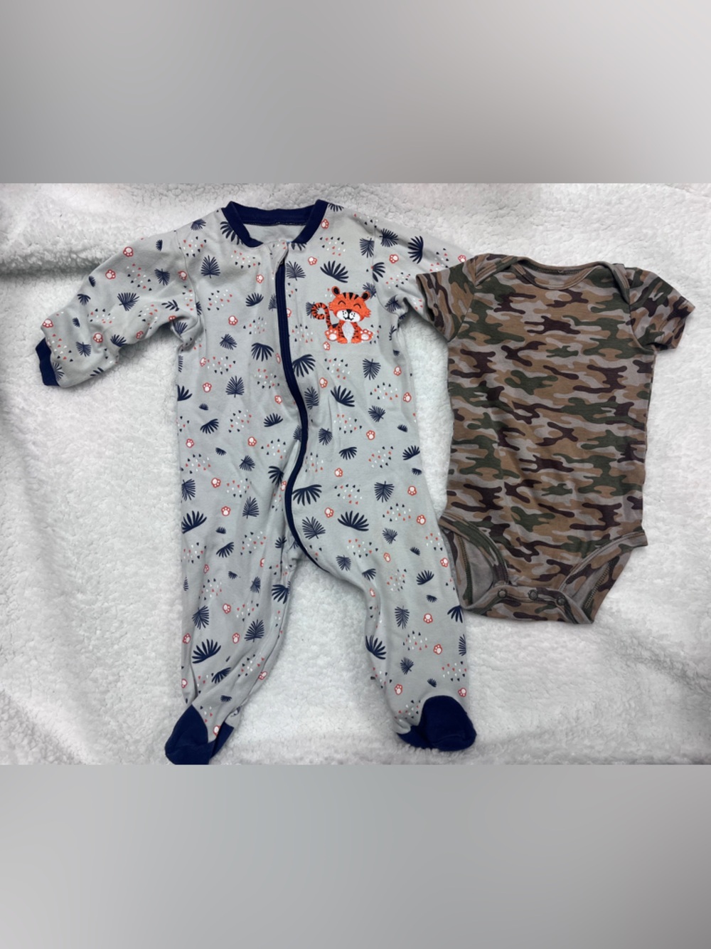 Baby boy camo onesie and Tuffy tiger footie